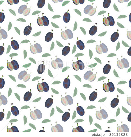 Seamless pattern of beautiful plums (whole and halves) on a white background for fabric or wrapping paper. Vector graphics Seamless pattern of beautiful plums (whole and halves) on a white background for fabric or wrapping paper. Vector graphics 86135328