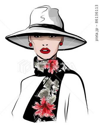 Beautiful caucasian fashion model posing with hat and scarf against white background Beautiful caucasian fashion model posing with hat and scarf against white background 86136113