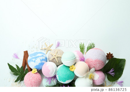 Different bath balls on white background, space for text 86136725