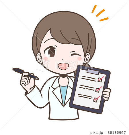 白衣姿でアンケートをする若い女性 86136967