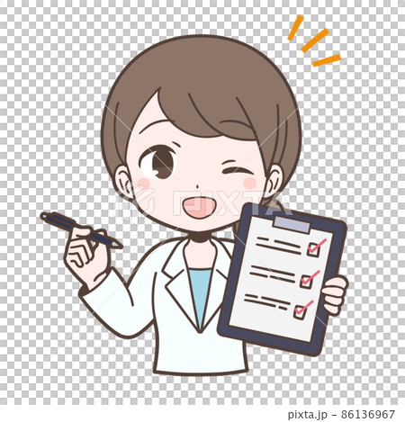 白衣姿でアンケートをする若い女性 86136967