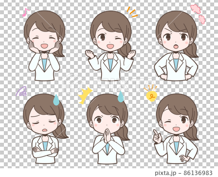 Facial expression set of a young woman in a white coat 86136983