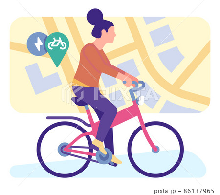 Woman riding on bicycle to sharing zone. Transport rent service Woman riding on bicycle to sharing zone. Transport rent service 86137965