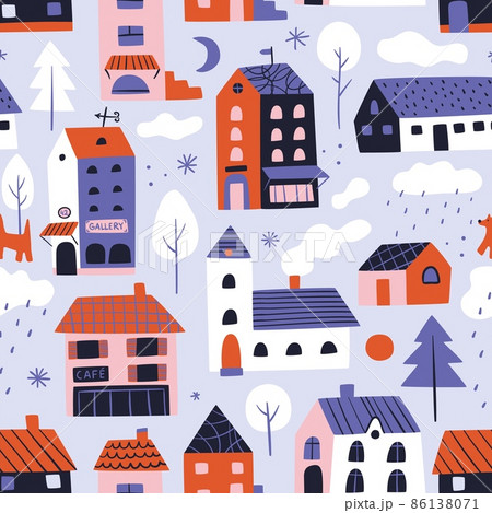 Houses seamless pattern. Winter city buildings, cozy tiny architecture, color town elements, nursery print, funny homes. Decor textile, wrapping paper wallpaper, vector background 86138071