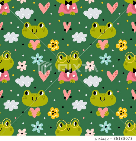 Funny frogs seamless pattern. Cute green animals, little cartoon amphibians with flowers, baby toad characters in glasses, childish background. Decor textile, wrapping paper, vector print Funny frogs seamless pattern. Cute green animals, little cartoon amphibians with flowers, baby toad characters in glasses, childish background. Decor textile, wrapping paper, vector print 86138073