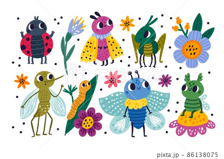 Funny bugs. Colorful insects characters. Nature creations. Cute beetles. Grasshopper and ladybug. Caterpillar on leaf. Butterfly and mosquito. Midge on flower. Vector small animals set Funny bugs. Colorful insects characters. Nature creations. Cute beetles. Grasshopper and ladybug. Caterpillar on leaf. Butterfly and mosquito. Midge on flower. Vector small animals set 86138075