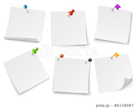 Fixed paper pieces. Realistic white pinned notes. Blank stickers mockups. 3D stationery buttons and fasteners. Isolated attached reminder pages with curved edges. Vector memo sheets set Fixed paper pieces. Realistic white pinned notes. Blank stickers mockups. 3D stationery buttons and fasteners. Isolated attached reminder pages with curved edges. Vector memo sheets set 86138087