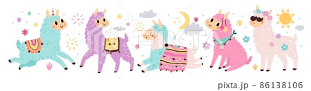 Cute llamas. Funny smiling characters, fluffy colorful alpacas with patterned blankets, pretty animals and clouds, cartoon kawaii camels, childish decor collection, vector isolated set 86138106
