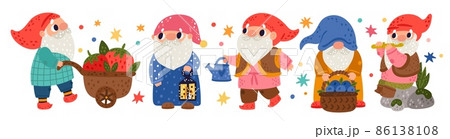 Cute garden gnomes. Cartoon dwarfs characters. Bearded men engaged in gardening. Fabulous creatures in colored caps. Old leprechaun. Vector set of senior elves carry baskets with berries Cute garden gnomes. Cartoon dwarfs characters. Bearded men engaged in gardening. Fabulous creatures in colored caps. Old leprechaun. Vector set of senior elves carry baskets with berries 86138108