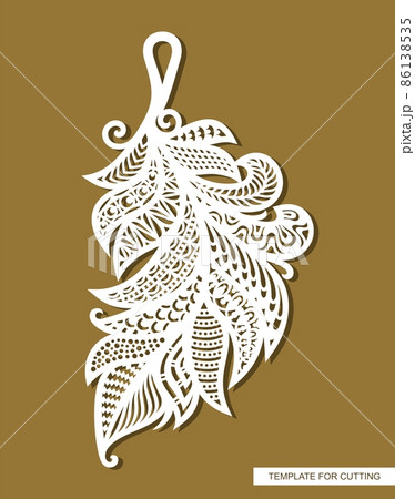 Pendant in the shape of a feather, leaf. Amulet, pendent, keychain, jewelry or decorative element for interior decoration in ethnic style. Template for plotter laser cutting of paper, metal, wood, cnc Pendant in the shape of a feather, leaf. Amulet, pendent, keychain, jewelry or decorative element for interior decoration in ethnic style. Template for plotter laser cutting of paper, metal, wood, cnc 86138535