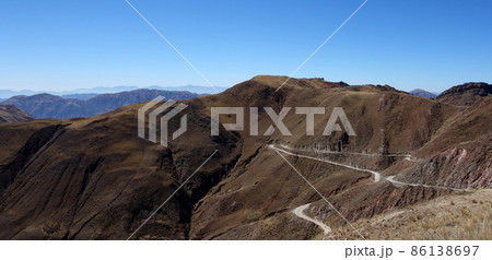 dangerous winding desert road. Route 33, Salta, Argentina. dirty road on Andes mountains 86138697