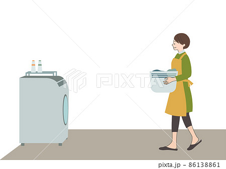 イラスト素材:エプロンをして笑顔で洗濯をする女性(家事代行・家事分担等のイメージに) イラスト素材:エプロンをして笑顔で洗濯をする女性(家事代行・家事分担等のイメージに) 86138861