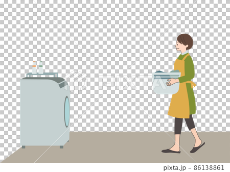 イラスト素材:エプロンをして笑顔で洗濯をする女性(家事代行・家事分担等のイメージに) イラスト素材:エプロンをして笑顔で洗濯をする女性(家事代行・家事分担等のイメージに) 86138861