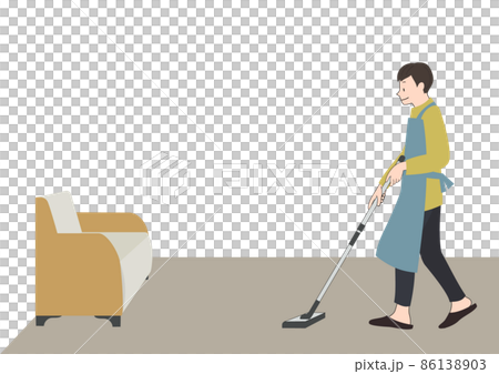 插圖素材：一個穿著圍裙微笑著拖地的男人（用於家務代理、家務分擔等形象） 86138903