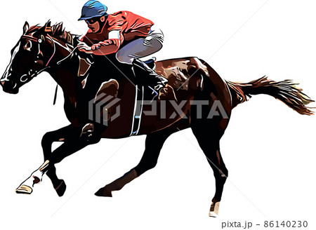 Racehorse with jockey at races. Isolated on a white background 86140230