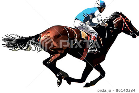 Racehorse with jockey at races. Isolated on a white background 86140234