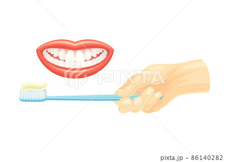 Healthy teeth smile and hand with toothbrush. Oral hygiene vector illustration Healthy teeth smile and hand with toothbrush. Oral hygiene vector illustration 86140282