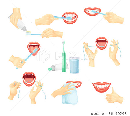 Human hands cleaning teeth with toothbrush, toothpaste and floss. Oral hygiene, dentistry vector illustration 86140293