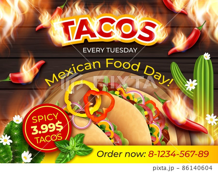 Realistic Detailed 3d Tacos Mexican Food Day Every Thursday Ads Banner Concept Poster Card. Vector illustration of Taco 86140604