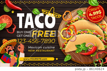 Realistic Detailed 3d Tacos Mexican Food Ads Banner Concept Poster Card with Man Eating Taco. Vector illustration 86140624