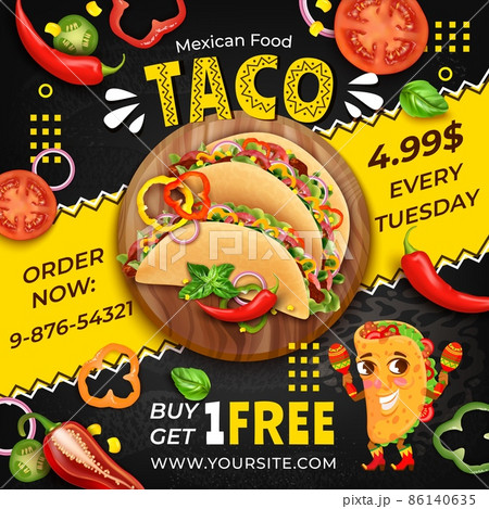 Realistic Detailed 3d Tacos Mexican Food Ads Banner Concept Poster Card with Taco Mascot. Vector illustration 86140635