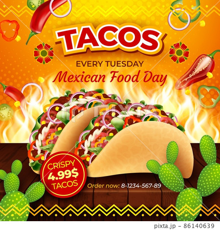 Realistic Detailed 3d Tacos Mexican Food Day Ads Banner Concept Poster Card with Cactus. Vector illustration 86140639