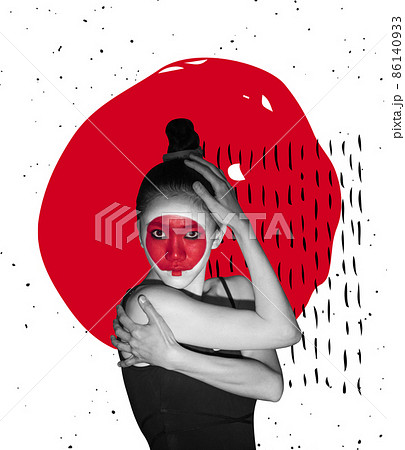 Art collage with tender, sad young japanese girl with stage makeup isolated on absract white red background. Japanese style, contemporary artwork, Art collage with tender, sad young japanese girl with stage makeup isolated on absract white red background. Japanese style, contemporary artwork, 86140933