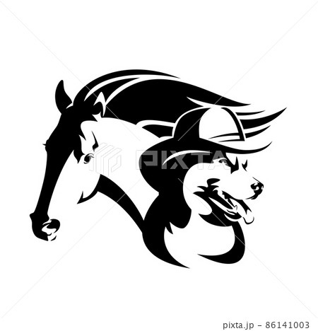 wild west ranch dog wearing cowboy hat and mustang horse black and white vector head portrait wild west ranch dog wearing cowboy hat and mustang horse black and white vector head portrait 86141003