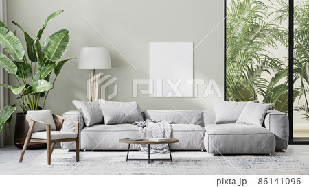 blank canvas mock up in modern living room interior with gray sofa, wooden furniture and palm tropical leaves, 3d rendering blank canvas mock up in modern living room interior with gray sofa, wooden furniture and palm tropical leaves, 3d rendering 86141096