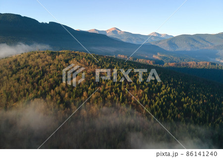 Aerial view of bright foggy morning over dark mountain forest trees at autumn sunrise. Beautiful scenery of wild woodland at dawn 86141240