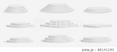 3d white square and round podium platforms for product showroom. Geometrical 3d round and square empty podium decent vector templates collection isolated 3d white square and round podium platforms for product showroom. Geometrical 3d round and square empty podium decent vector templates collection isolated 86141293