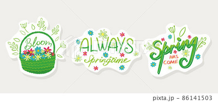 A set of stickers on the theme of spring with inscriptions. Basket of flowers. Spring came. Spring time 86141503