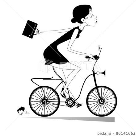 Young woman goes to work on the bike illustration. Pretty young businesswoman with a bag goes to work on the bike black on white	 86141662