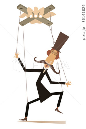 Puppet men concept illustration. Long mustache man in the top hat is controlled by cords like puppet isolated on white	 86141826