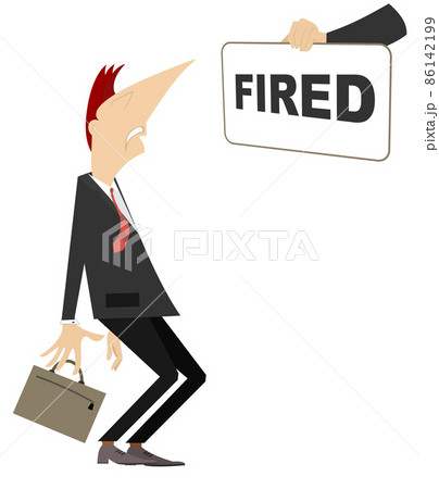 Hand with banner and fired worker concept illustration. Hand holds banner with text Fired and discouraged man lost a bag from the hand isolated on white illustration 86142199