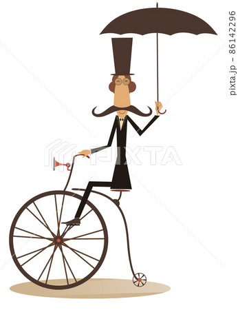 Cartoon man rides a bike. Gentleman with mustache, top hat and umbrella rides a retro bike and looks healthy and happy	 86142296