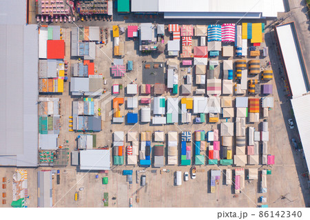 Aerial top view of Night Market people walking street, Colorful tents in the train of Ratchada at Bangkok city, Thailand. Retail shops 86142340
