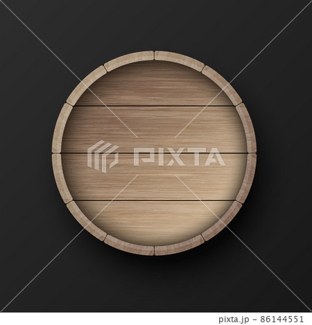 Vector 3d Realistic Wooden Barrel Lid for Storing Alcoholic Beverages. Brown Beer, Wine Wooden Barrel. High Detailed Wood Vector Barrel of Wine or Beer Icon. Top View 86144551