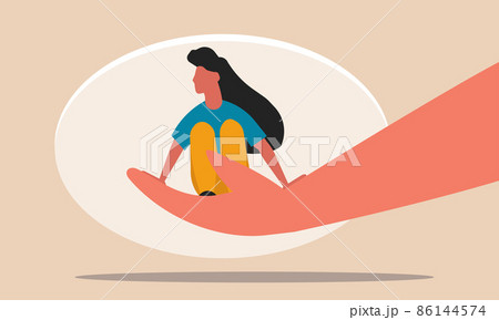 Depression woman and health care with loneliness problems. Psychological therapist treatment vector illustration concept. Hand holding girl with sorrow and mental trouble. People protect stress Depression woman and health care with loneliness problems. Psychological therapist treatment vector illustration concept. Hand holding girl with sorrow and mental trouble. People protect stress 86144574