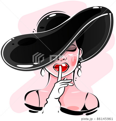 Fashion and accessories beauty icon.Woman with long hair and shiny red lipstick on her lips wearing an elegant hat.Vector Fashion and accessories beauty icon.Woman with long hair and shiny red lipstick on her lips wearing an elegant hat.Vector 86145961