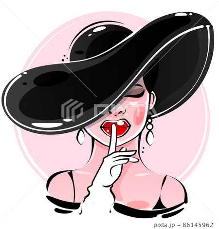 Fashion and accessories beauty icon.Woman with long hair and shiny red lipstick on her lips wearing an elegant hat.Vector Fashion and accessories beauty icon.Woman with long hair and shiny red lipstick on her lips wearing an elegant hat.Vector 86145962