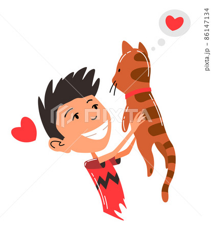 People and pet. Cat pet owner character. Owner hugging cat. Young boy love him animal. Cute and adorable domestic animal 86147134