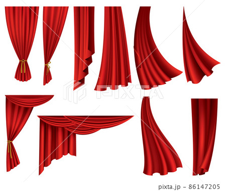 Collection of realistic red curtains. Theater fabric silk decoration for movie cinema or opera hall. Curtains and draperies interior decoration object. Isolated on white for theater stage 86147205