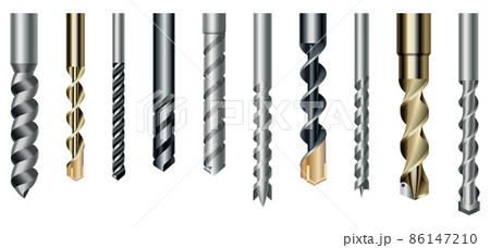 Drill bits set of steel or metal with different twist shapes. Collection professional nozzles for drill hammer or screwdriver. Vector icons isolated on white background Drill bits set of steel or metal with different twist shapes. Collection professional nozzles for drill hammer or screwdriver. Vector icons isolated on white background 86147210