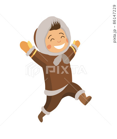 Polar eskimo character. Indigenous children wearing traditional warm clothes. Kid running. Traditional ethnic character 86147229