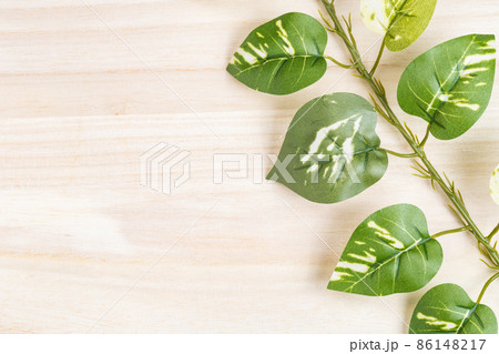 【料理】木製のまな板と緑の葉　背景素材 86148217