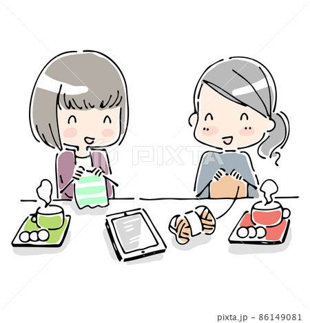 編み物をしながらおしゃべりする女性たちのイラスト素材