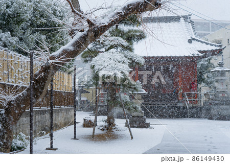 風雪に佇む神社の拝殿 初雪の中の神社 境内に積もる新雪 風雪に佇む神社の拝殿 初雪の中の神社 境内に積もる新雪 86149430