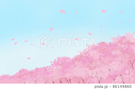 水彩画。春の桜の並木道と青空の風景イラスト。桜の木。青空に舞う花びら。春のイメージ背景。 86149860