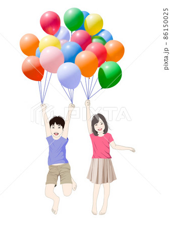 風船で空を飛ぶ男の子女の子のイラスト素材